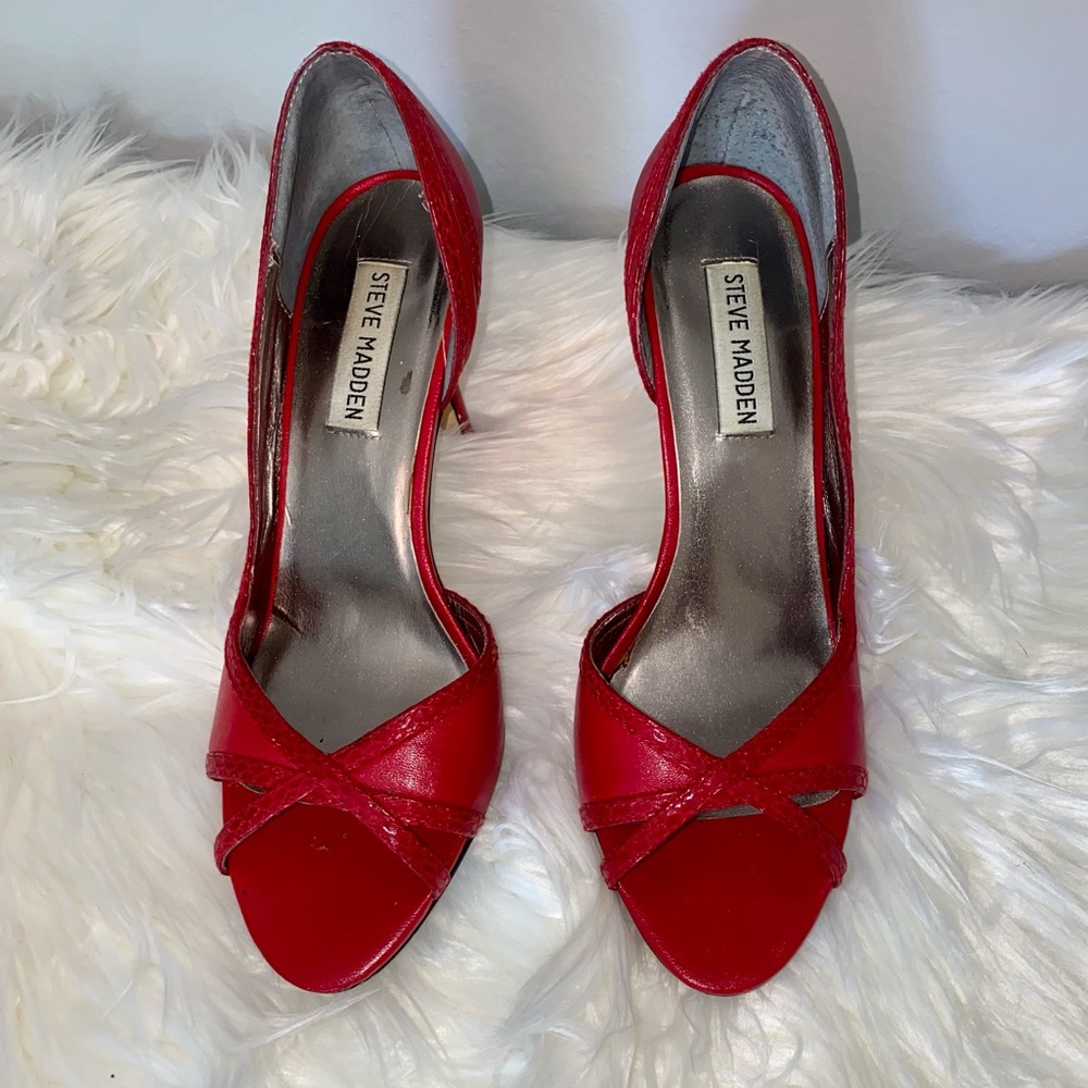 Steve Madden Deedrah Red Snake Leather Open Toe Pumps Heels Sandals